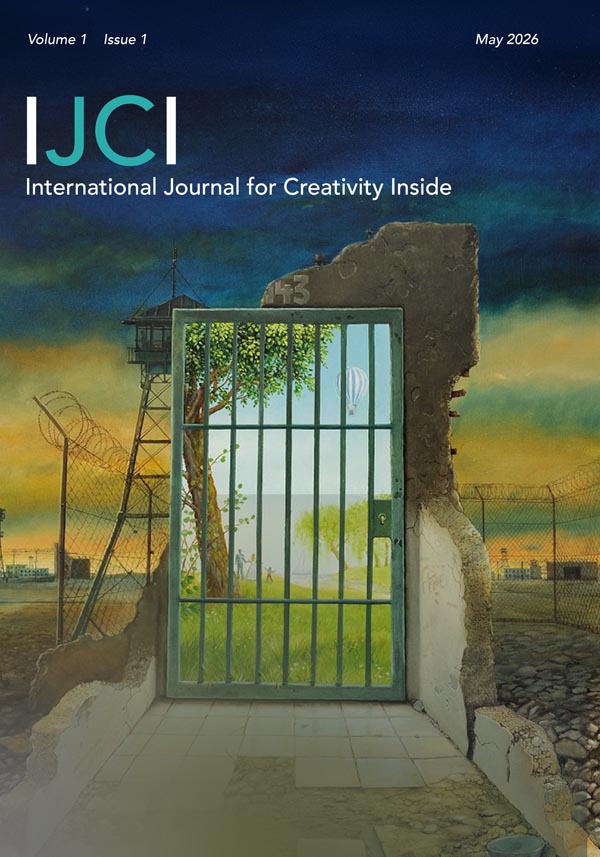 The cover of “International Journal for Creativity Inside", with an image of a locked gate and barbed wire fence
